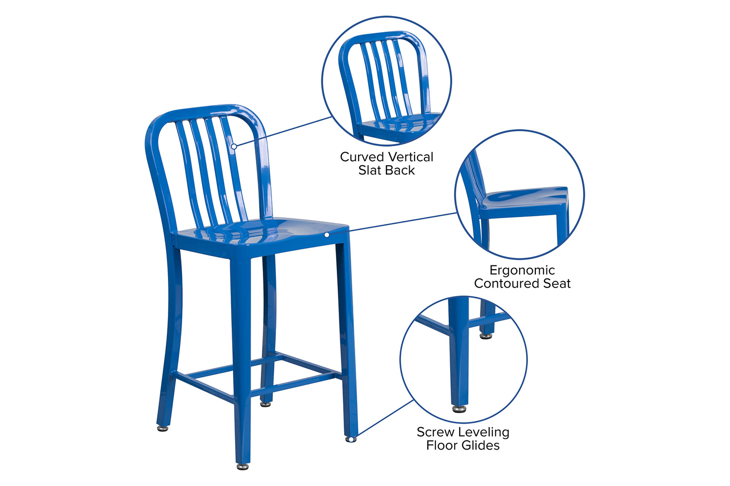 BLNK Gael Commercial Metal Indoor-Outdoor Counter Height Stool with Vertical Slat Back - Blue