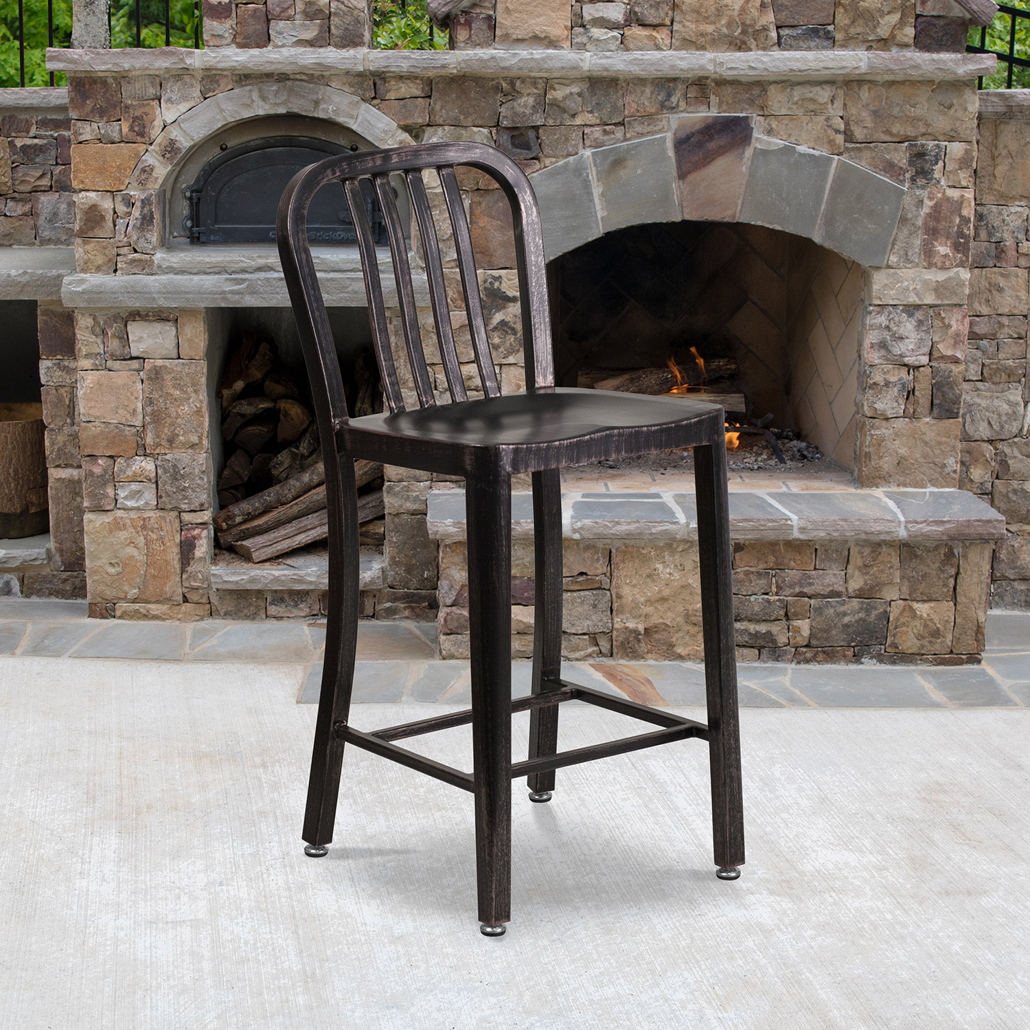 BLNK - Gael Commercial Metal Indoor-Outdoor Counter Height Stool with Vertical Slat Back