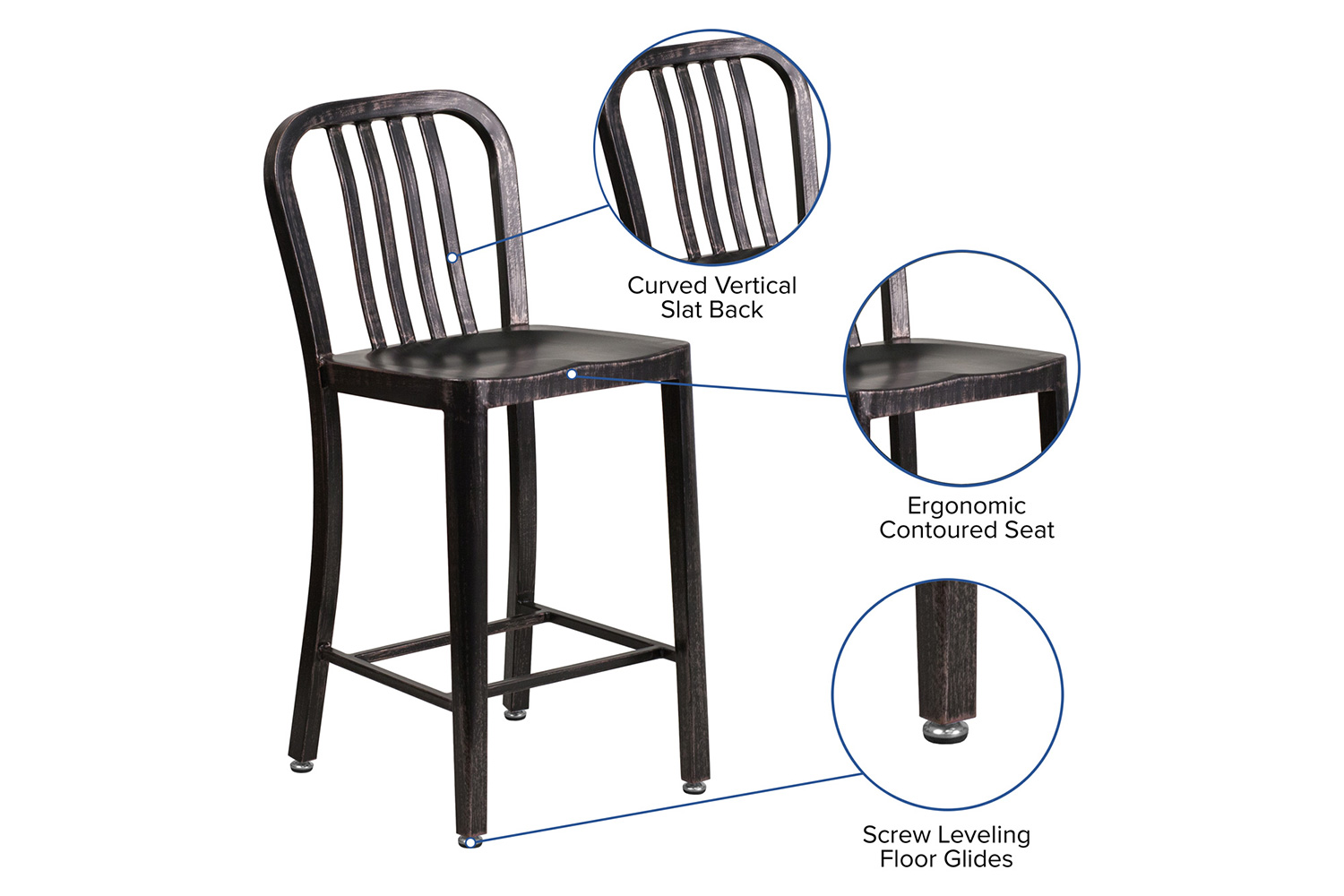 BLNK Gael Commercial Metal Indoor-Outdoor Counter Height Stool with Vertical Slat Back - Black/Antique Gold