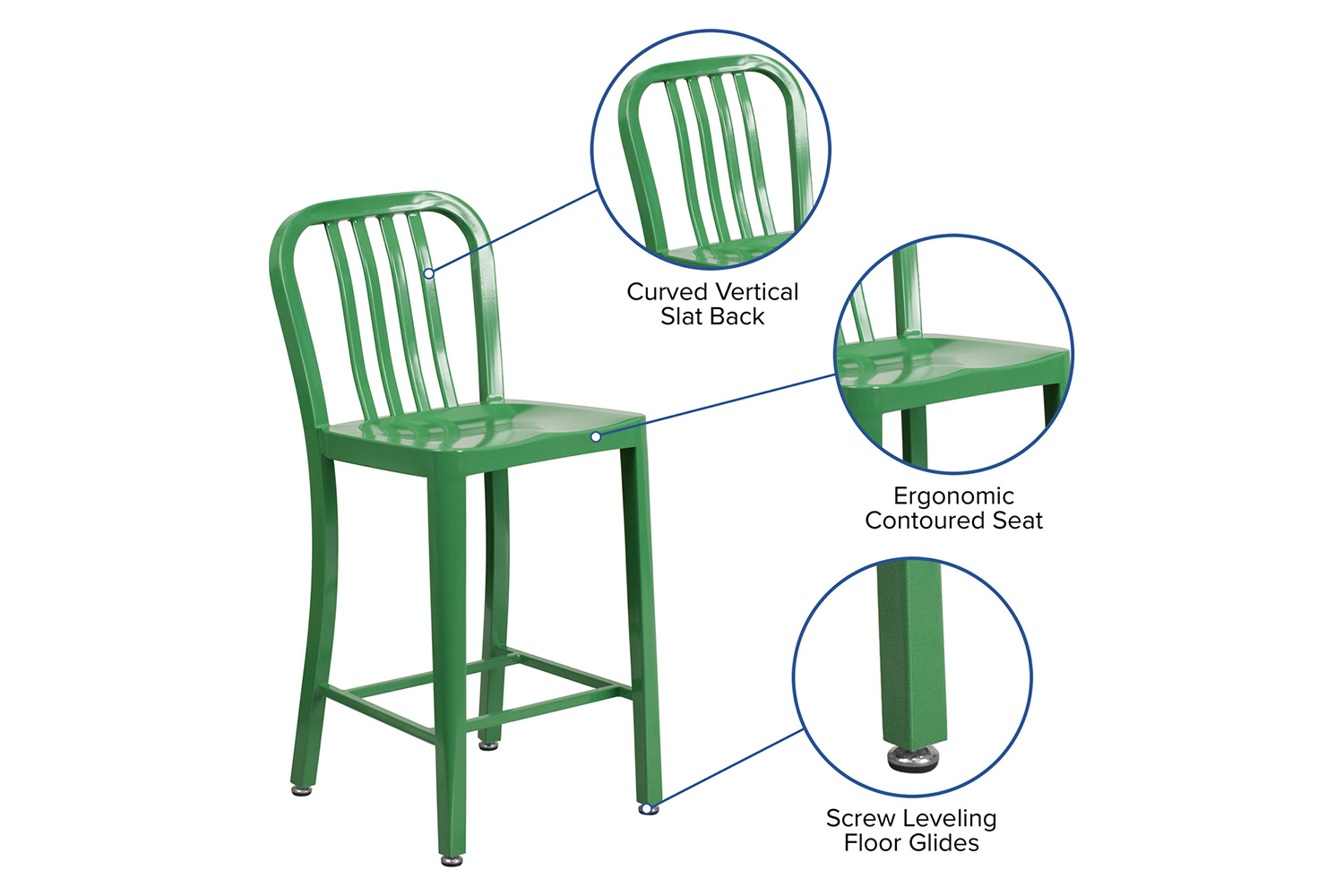 BLNK Gael Commercial Metal Indoor-Outdoor Counter Height Stool with Vertical Slat Back - Green