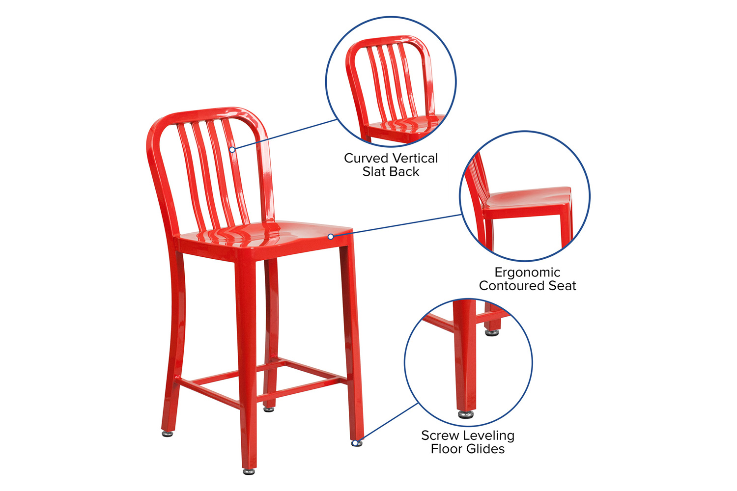 BLNK Gael Commercial Metal Indoor-Outdoor Counter Height Stool with Vertical Slat Back - Red