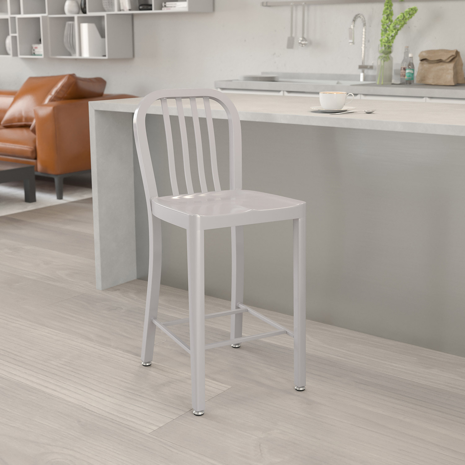BLNK - Gael Commercial Metal Indoor-Outdoor Counter Height Stool with Vertical Slat Back