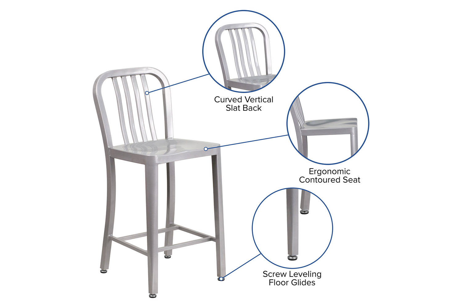 BLNK Gael Commercial Metal Indoor-Outdoor Counter Height Stool with Vertical Slat Back - Silver