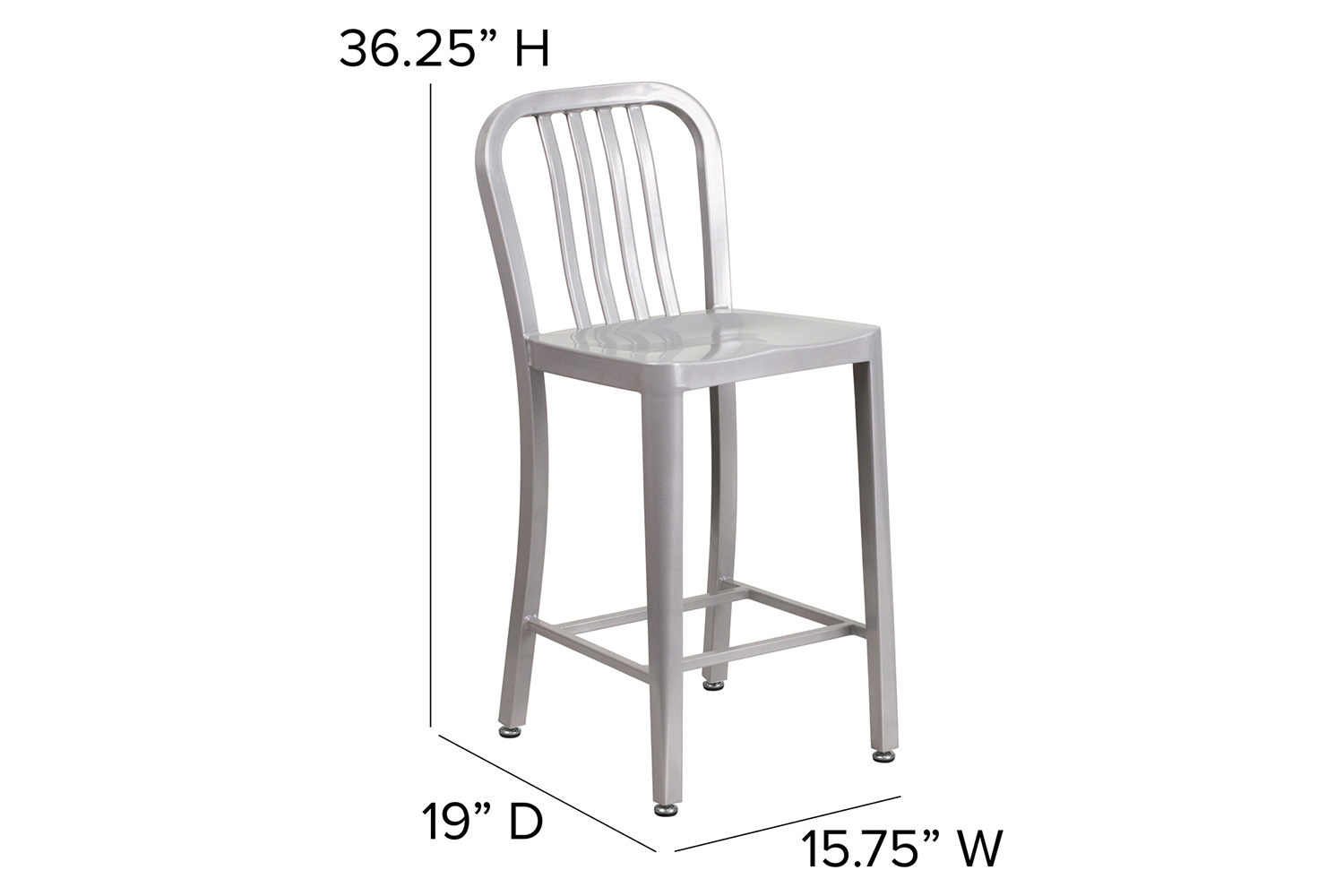 BLNK Gael Commercial Metal Indoor-Outdoor Counter Height Stool with Vertical Slat Back - Silver