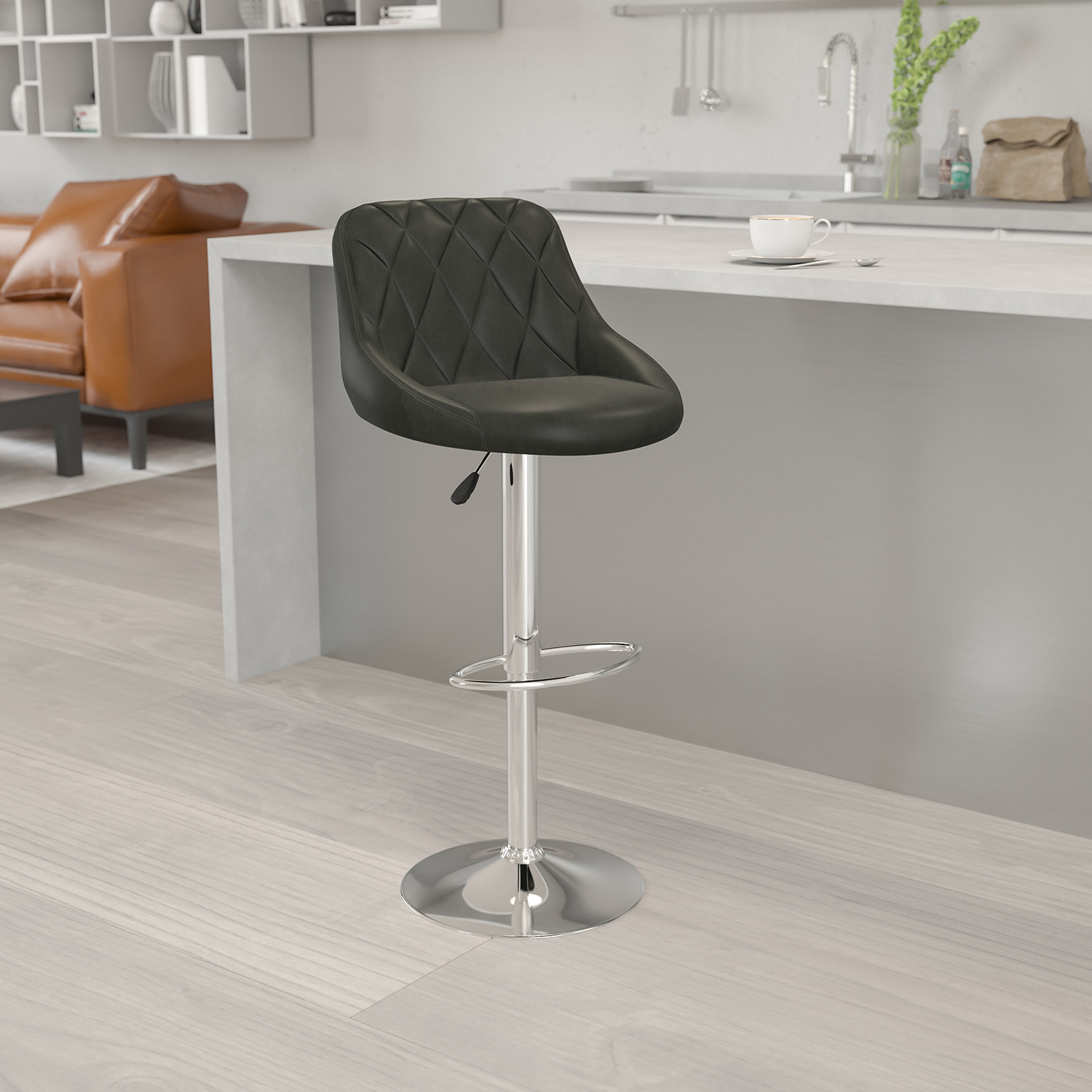 BLNK - Dale Contemporary Vinyl Bucket Seat Adjustable Height Bar Stool with Diamond Pattern Back and Chrome Base