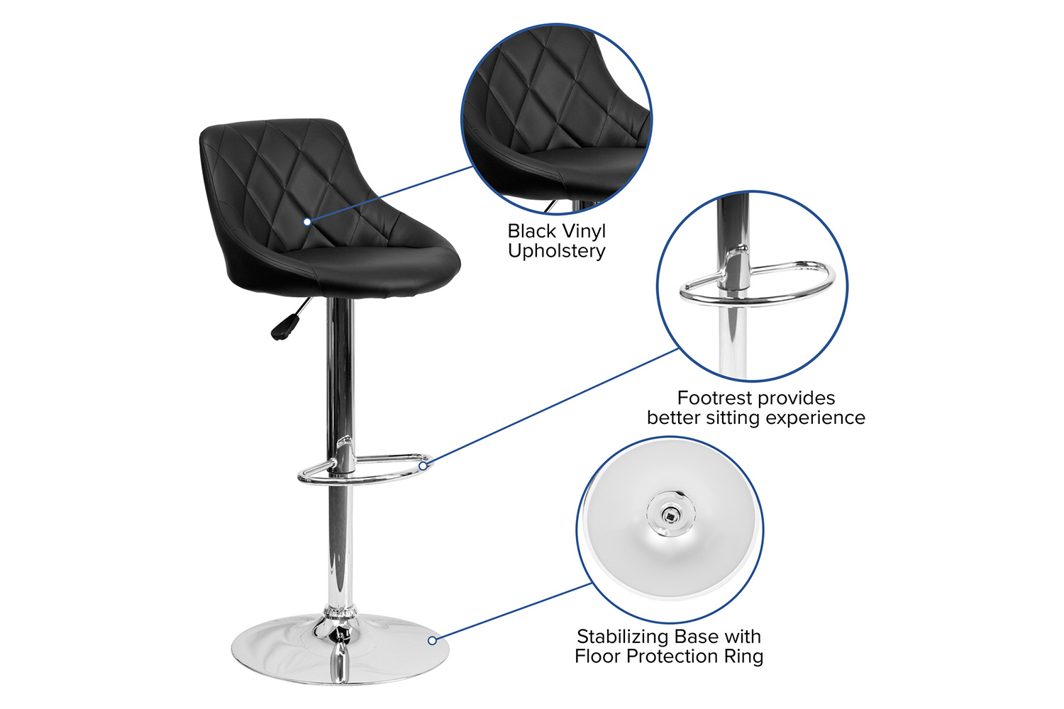 BLNK Dale Contemporary Vinyl Bucket Seat Adjustable Height Bar Stool with Diamond Pattern Back and Chrome Base - Black
