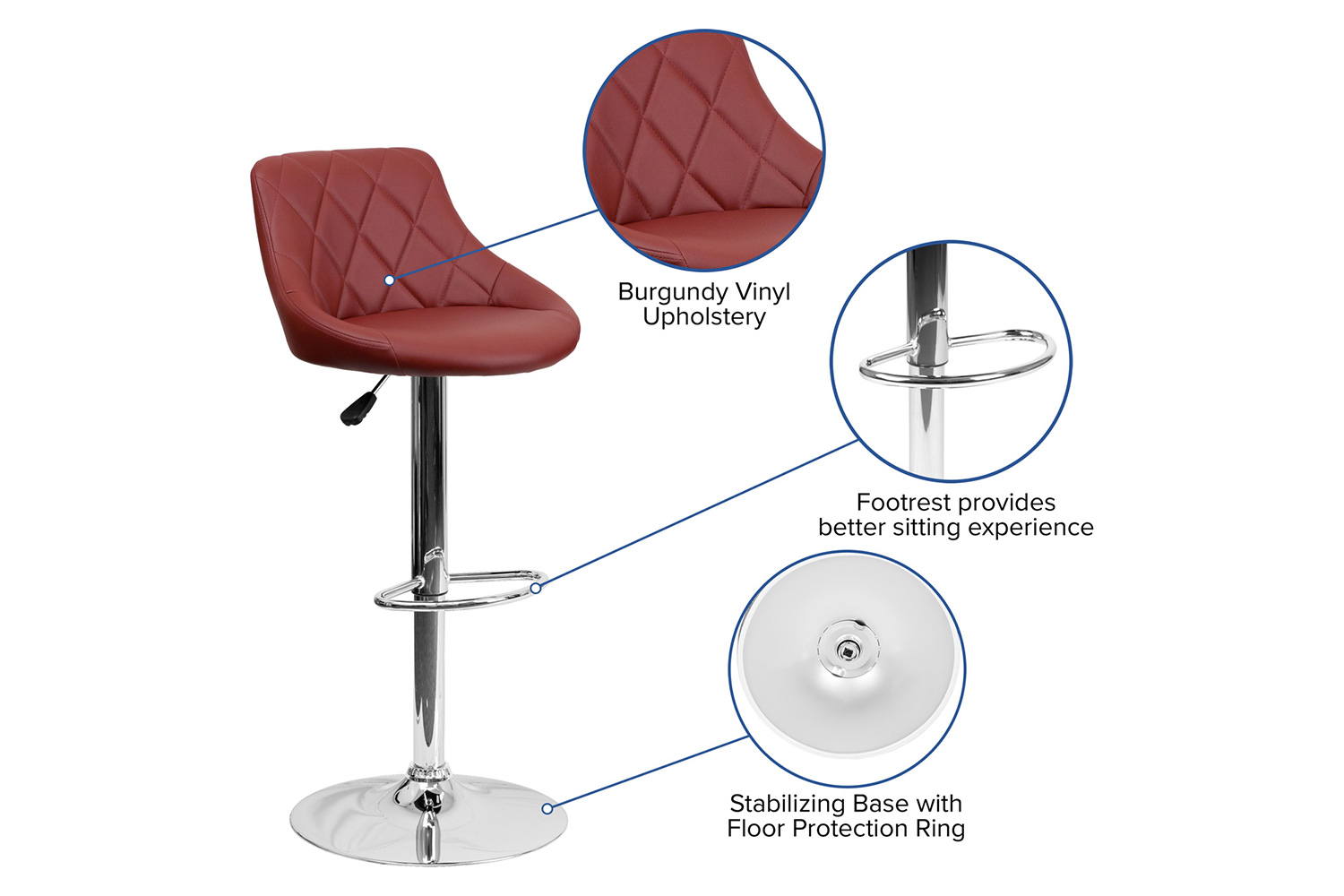 BLNK Dale Contemporary Vinyl Bucket Seat Adjustable Height Bar Stool with Diamond Pattern Back and Chrome Base - Burgundy