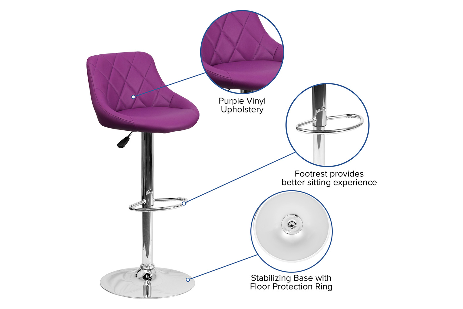 BLNK Dale Contemporary Vinyl Bucket Seat Adjustable Height Bar Stool with Diamond Pattern Back and Chrome Base - Purple