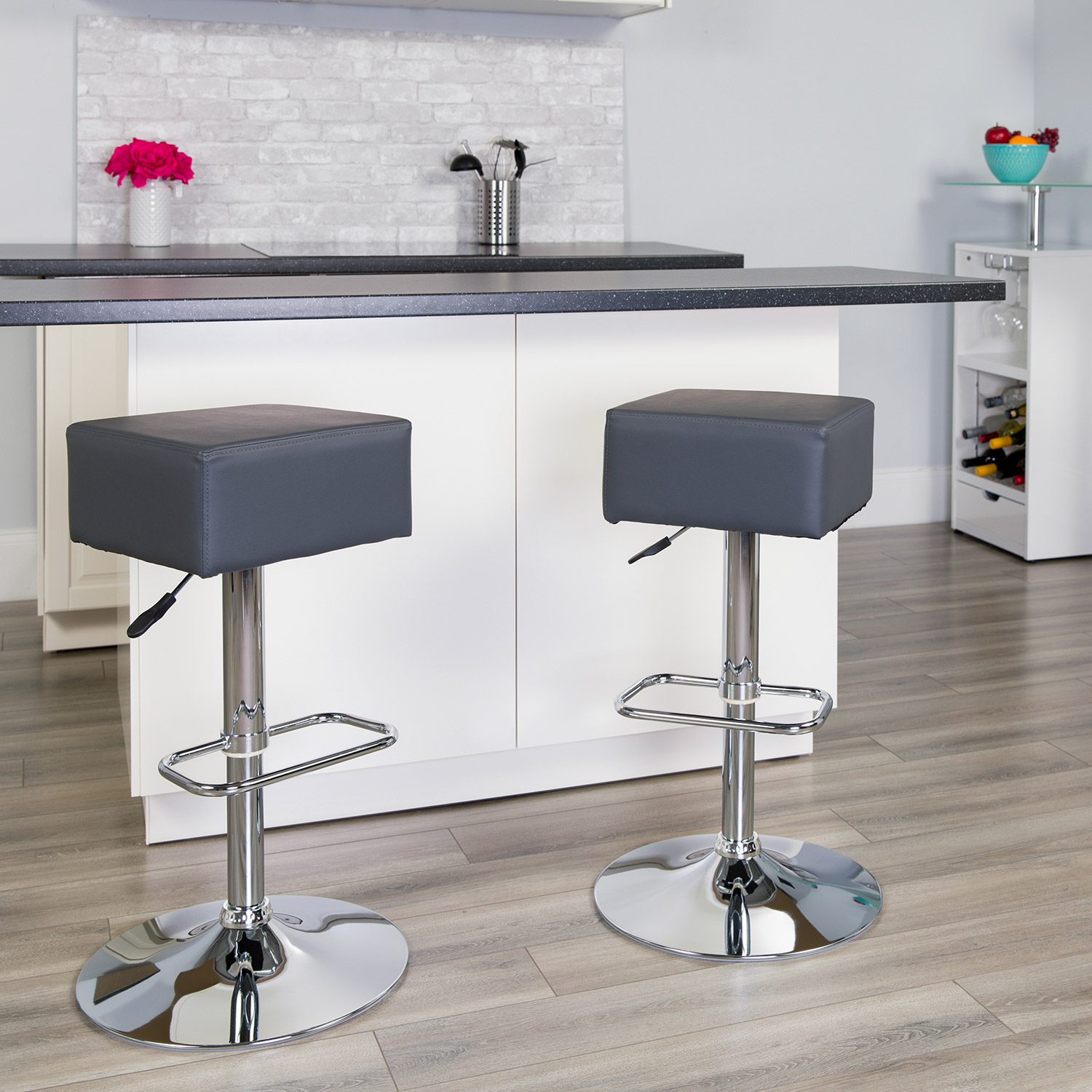 BLNK - Farley Vinyl Adjustable Height Bar Stool with Square Seat and Chrome Base