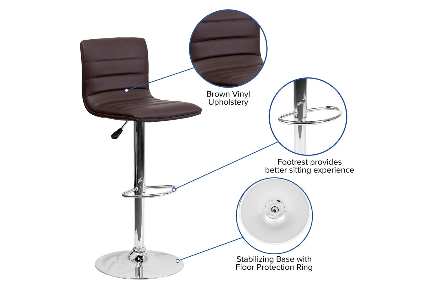 BLNK Vincent Vinyl Adjustable Swivel Bar Stool with Back, Chrome Pedestal Base and Footrest - Brown
