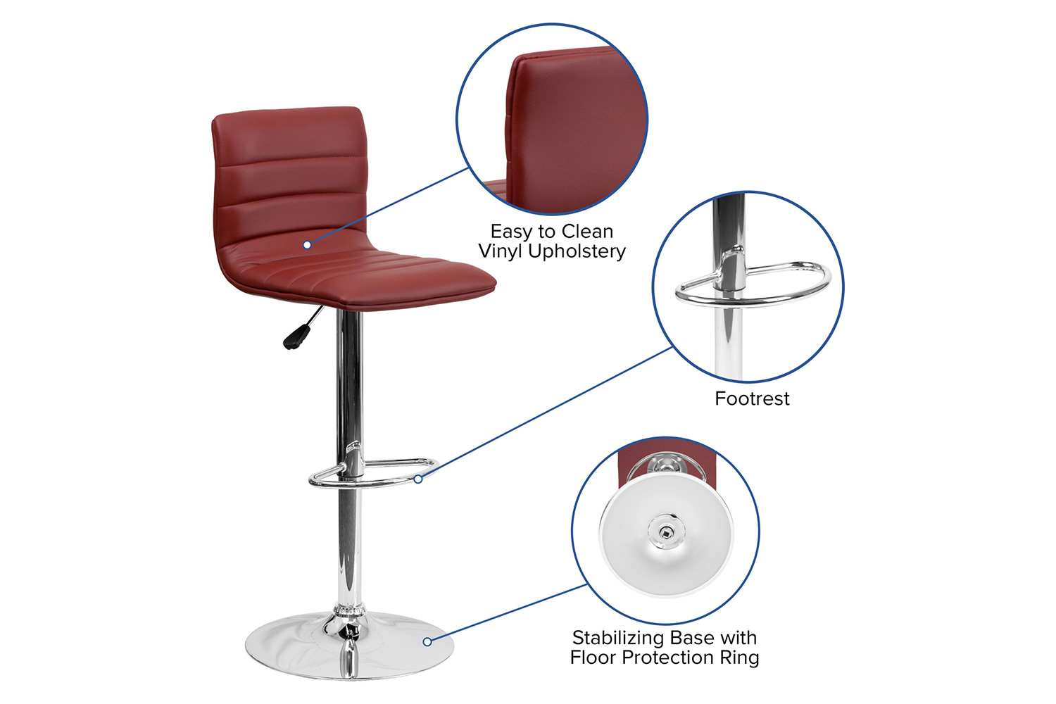 BLNK Vincent Vinyl Adjustable Swivel Bar Stool with Back, Chrome Pedestal Base and Footrest - Burgundy
