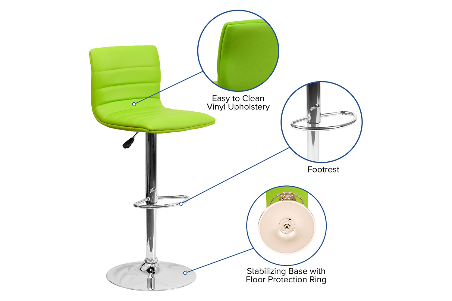 BLNK Vincent Vinyl Adjustable Swivel Bar Stool with Back, Chrome Pedestal Base and Footrest - Green
