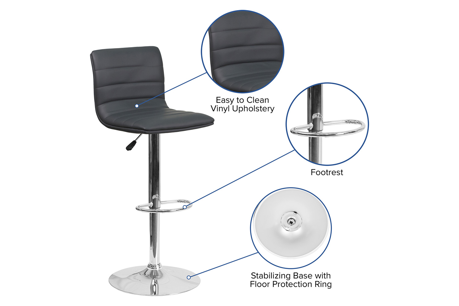 BLNK Vincent Vinyl Adjustable Swivel Bar Stool with Back, Chrome Pedestal Base and Footrest - Gray