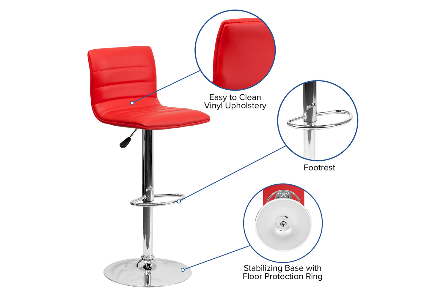 BLNK Vincent Vinyl Adjustable Swivel Bar Stool with Back, Chrome Pedestal Base and Footrest - Red