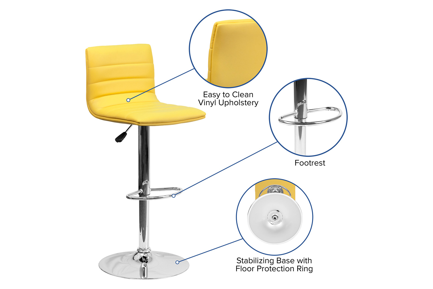 BLNK Vincent Vinyl Adjustable Swivel Bar Stool with Back, Chrome Pedestal Base and Footrest - Yellow