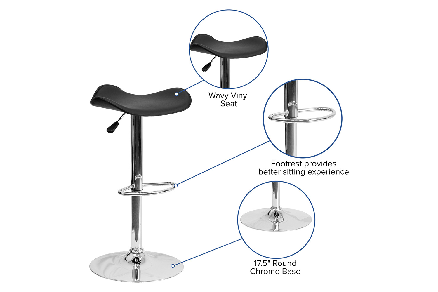 BLNK Caleb Vinyl Adjustable Height Bar Stool with Wavy Seat and Chrome Base - Black