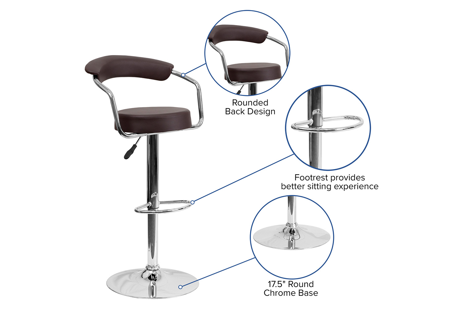 BLNK Cruz Vinyl Adjustable Height Bar Stool with Arms and Chrome Base - Brown