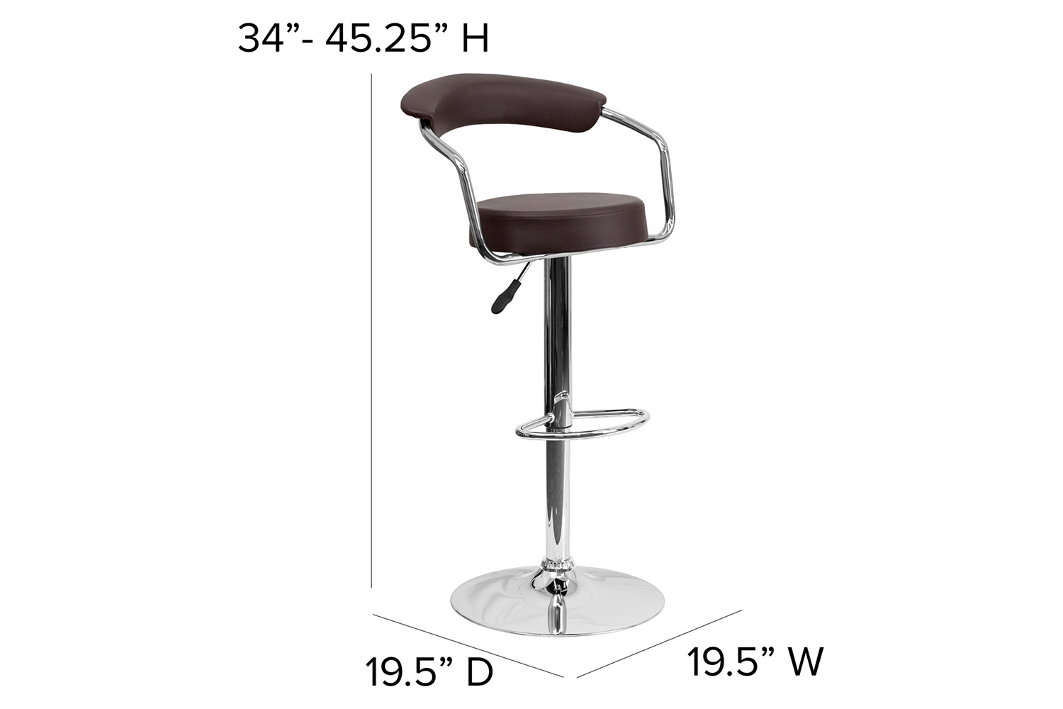 BLNK Cruz Vinyl Adjustable Height Bar Stool with Arms and Chrome Base - Brown