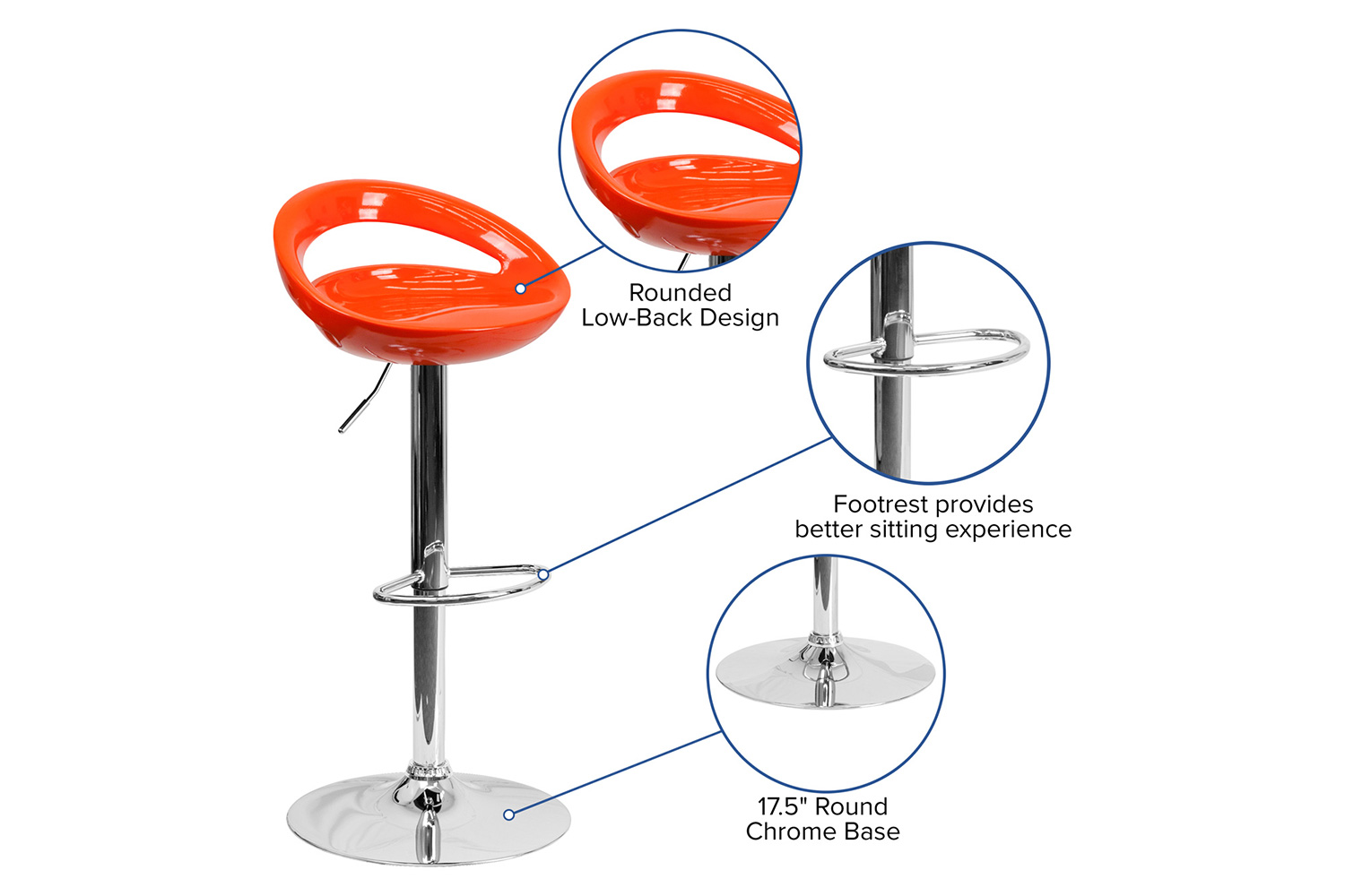 BLNK Dash Plastic Adjustable Height Bar Stool with Rounded Cutout Back and Chrome Base - Orange