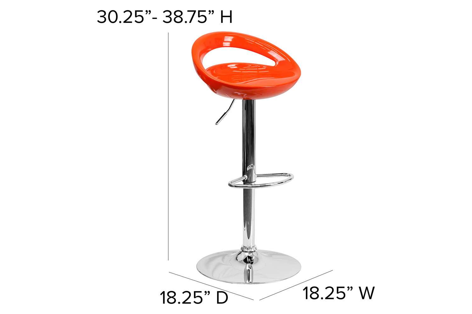 BLNK Dash Plastic Adjustable Height Bar Stool with Rounded Cutout Back and Chrome Base - Orange