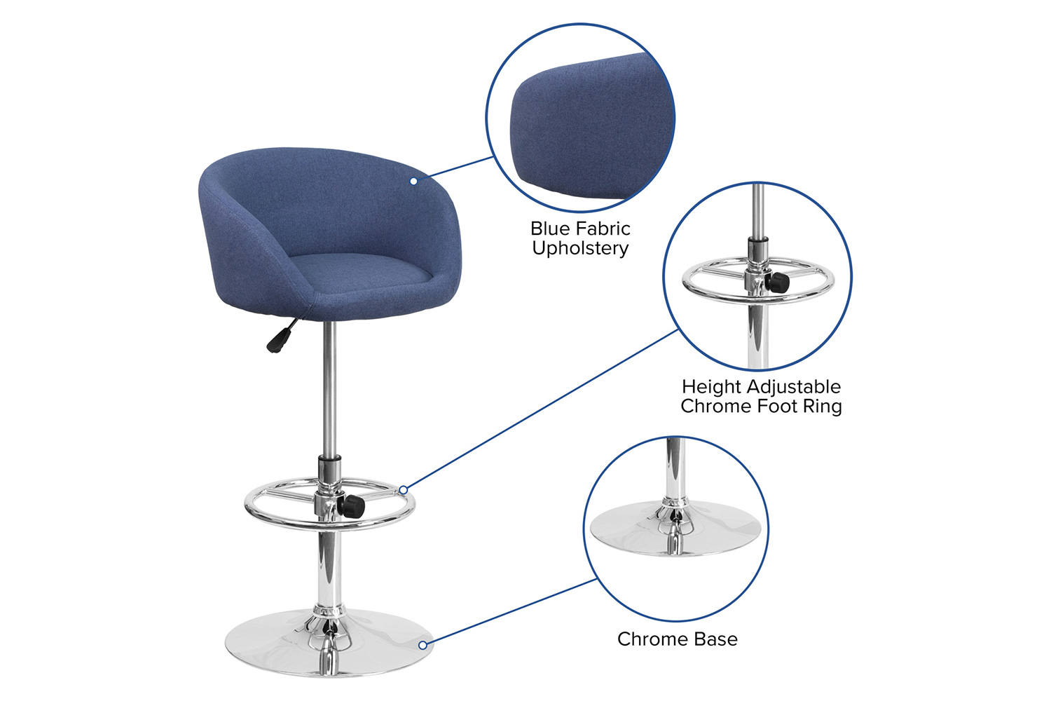 BLNK Luis Fabric Adjustable Height Bar Stool with Barrel Back and Chrome Base - Blue