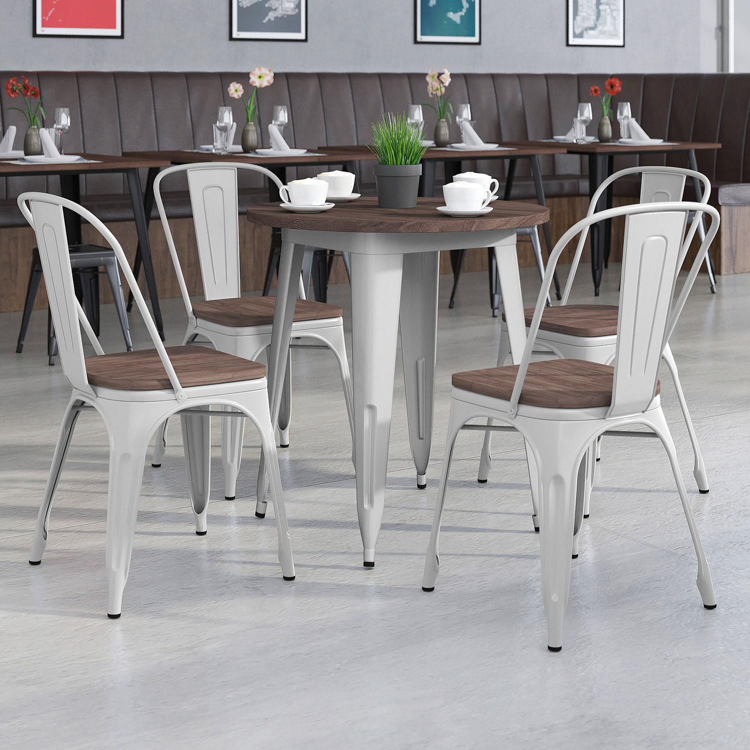 BLNK - Bailey Round Metal Table Set with Wood Top and 4 Stack Chairs