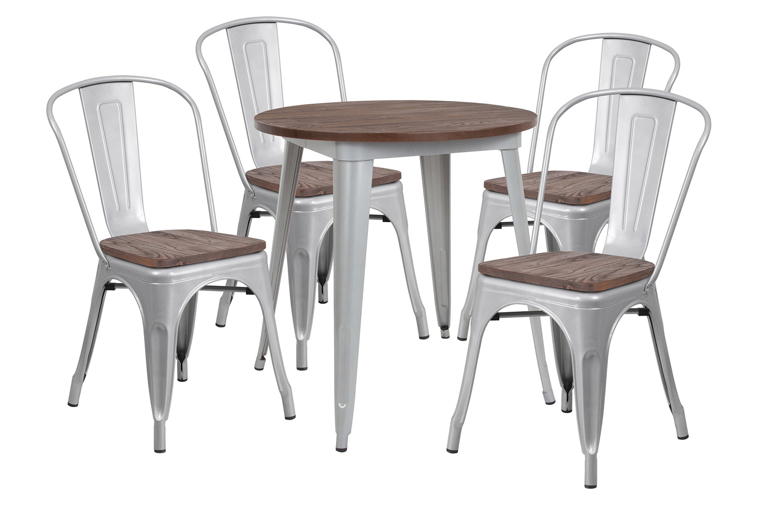 BLNK Bailey Round Metal Table Set with Wood Top and 4 Stack Chairs - Silver