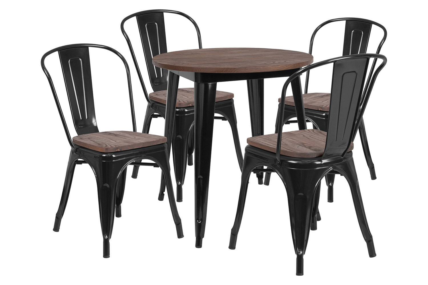 BLNK - Bailey Round Metal Table Set with Wood Top and 4 Stack Chairs