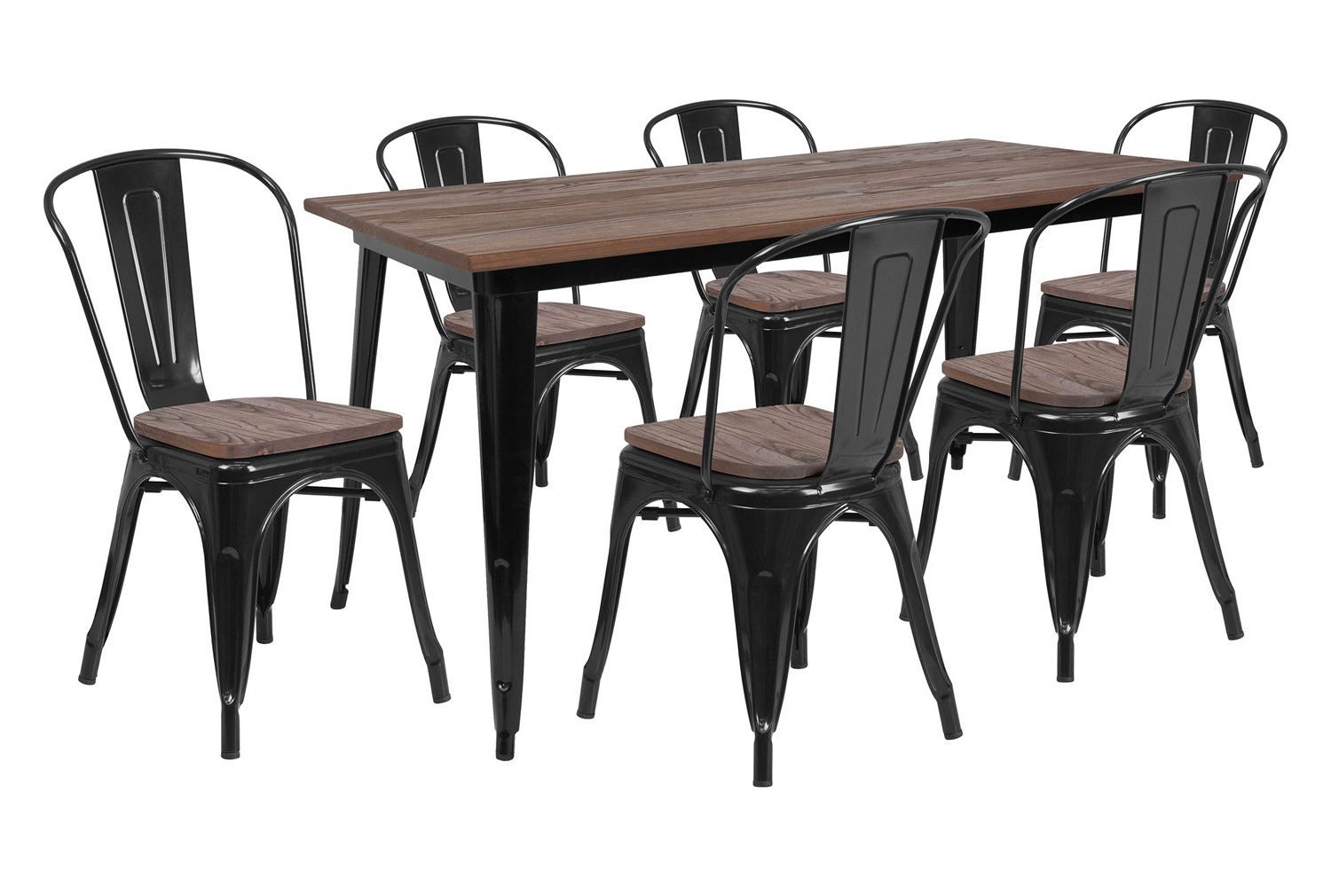BLNK - Bailey Metal Table Set with Wood Top and 6 Stack Chairs