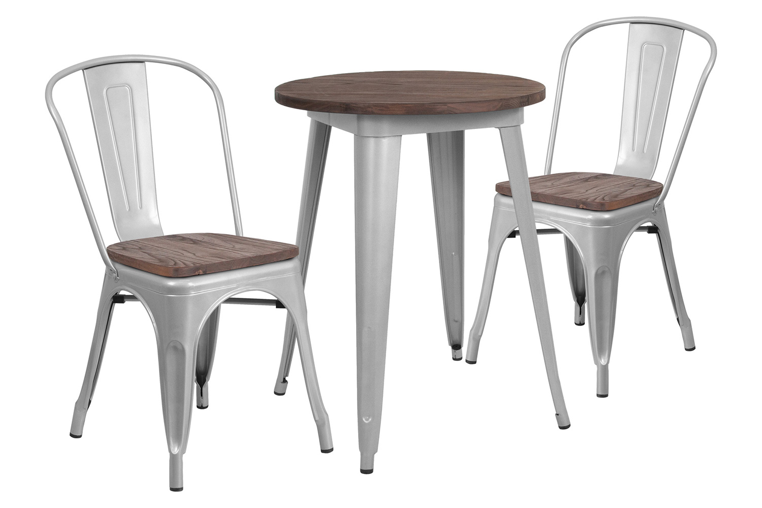 BLNK Bailey Round Metal Table Set with Wood Top and 2 Stack Chairs - Silver