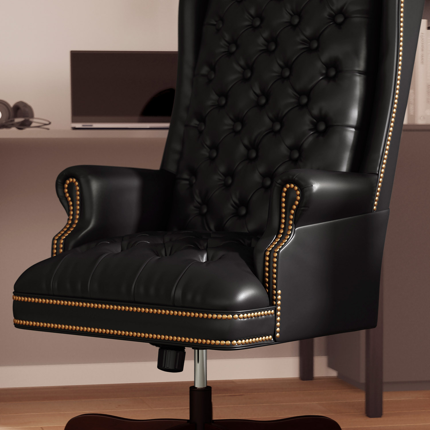 BLNK Turner LeatherSoft High-Back Traditional Fully Tufted Executive Swivel Ergonomic Office Chair with Arms - Black