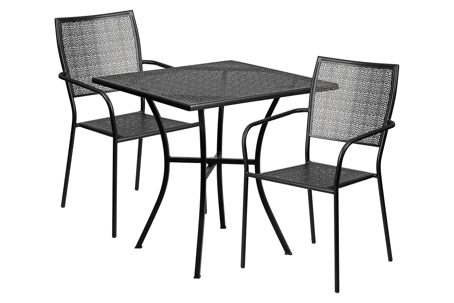 BLNK Oia Commercial Square Steel Indoor-Outdoor Patio Table Set with 2 Square Back Chairs - Black, 28"W
