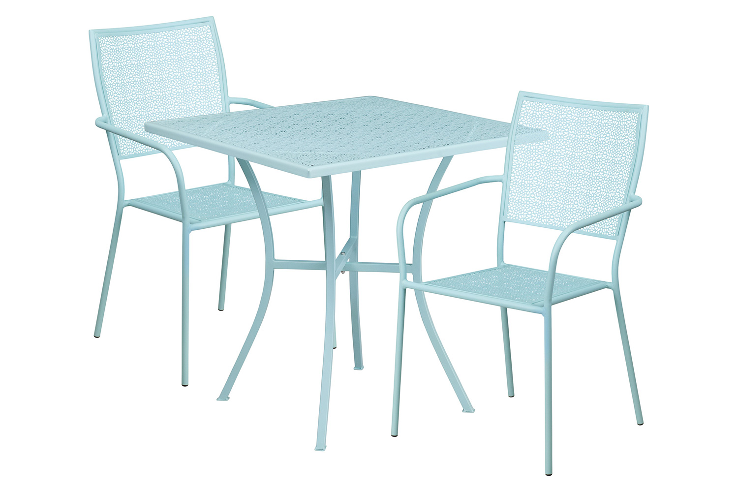 BLNK Oia Commercial Square Steel Indoor-Outdoor Patio Table Set with 2 Square Back Chairs - Sky Blue, 28"W