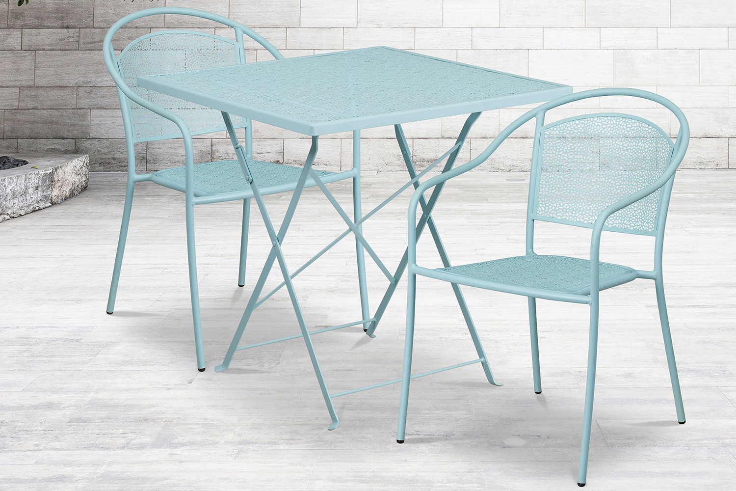 BLNK - Oia Commercial Square Steel Indoor-Outdoor Folding Patio Table Set with 2 Round Back Chairs