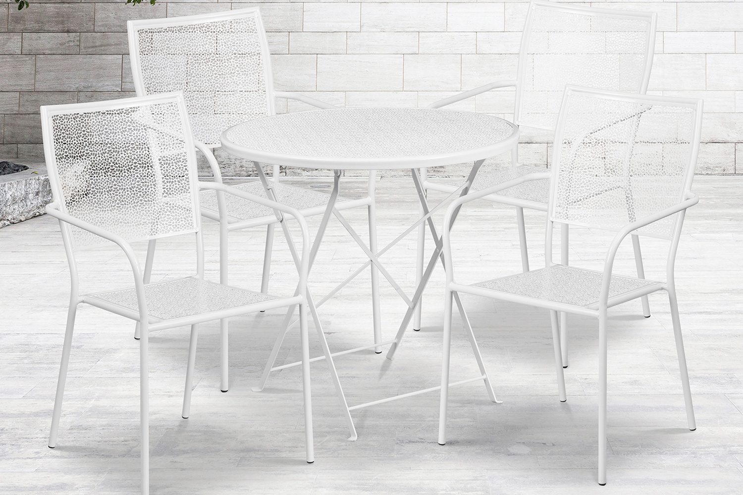 BLNK - Oia Commercial Round Steel Indoor-Outdoor Folding Patio Table Set with 4 Square Back Chairs
