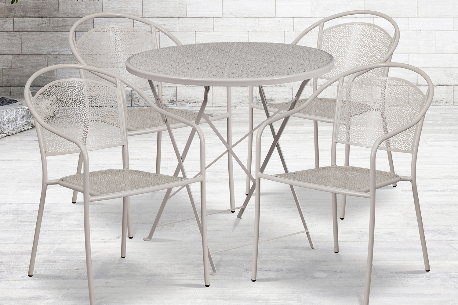 BLNK - Oia Commercial Round Steel Indoor-Outdoor Folding Patio Table Set with 4 Round Back Chairs