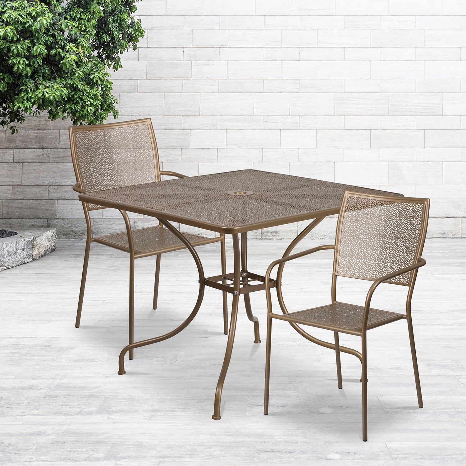 BLNK - Oia Commercial Square Steel Indoor-Outdoor Patio Table Set with 2 Square Back Chairs