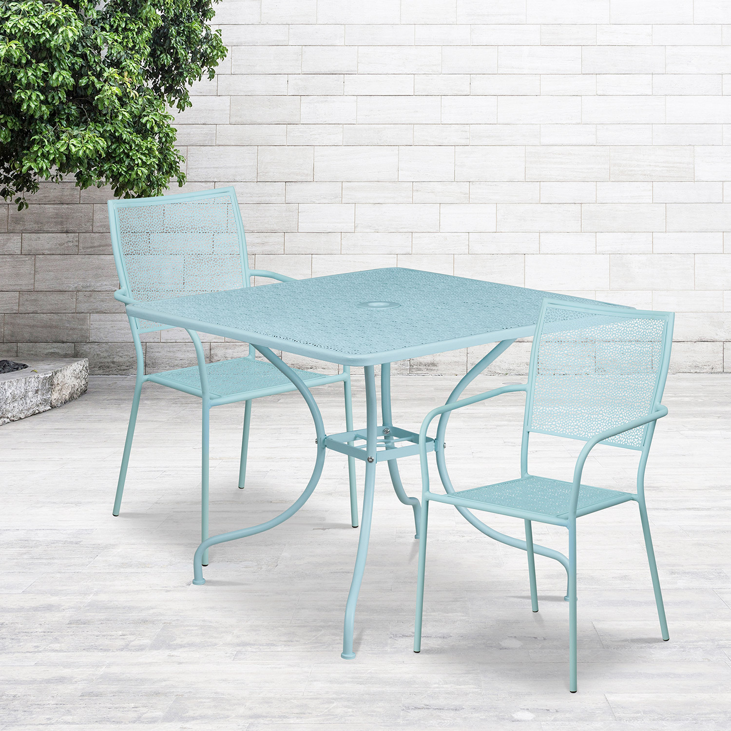 BLNK - Oia Commercial Square Steel Indoor-Outdoor Patio Table Set with 2 Square Back Chairs