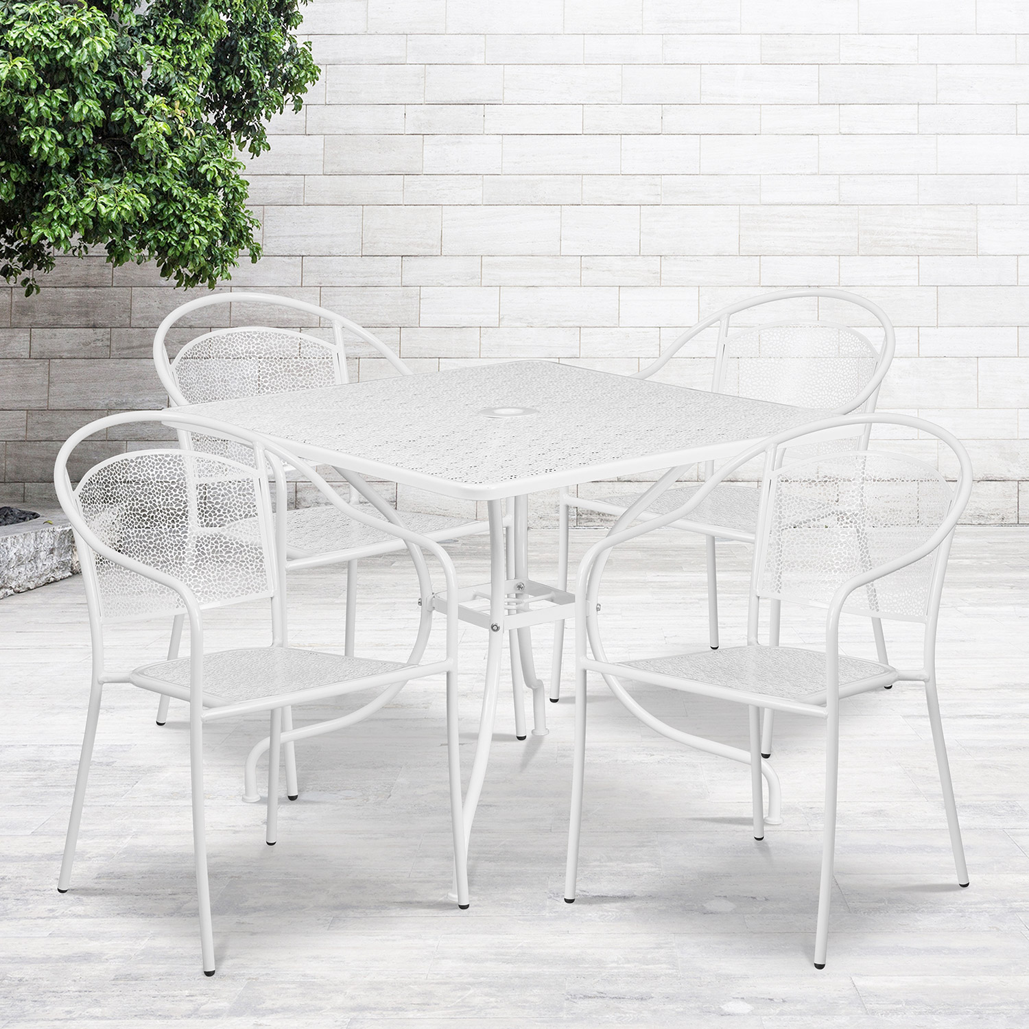 BLNK - Oia Commercial Steel Indoor-Outdoor Patio Table Set with 4 Round Back Chairs