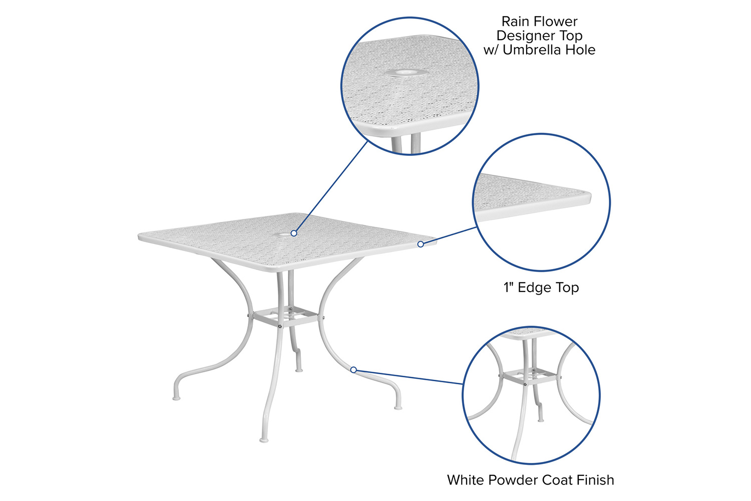 BLNK Oia Commercial Square Steel Indoor-Outdoor Patio Table with Umbrella Hole - White