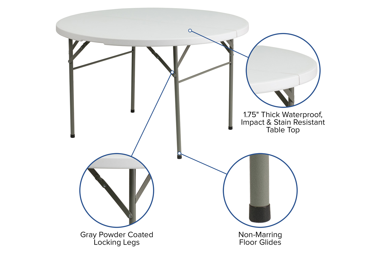 BLNK - Freeman Round Bi-Fold Granite White Plastic Banquet and Event Folding Table with Carrying Handle