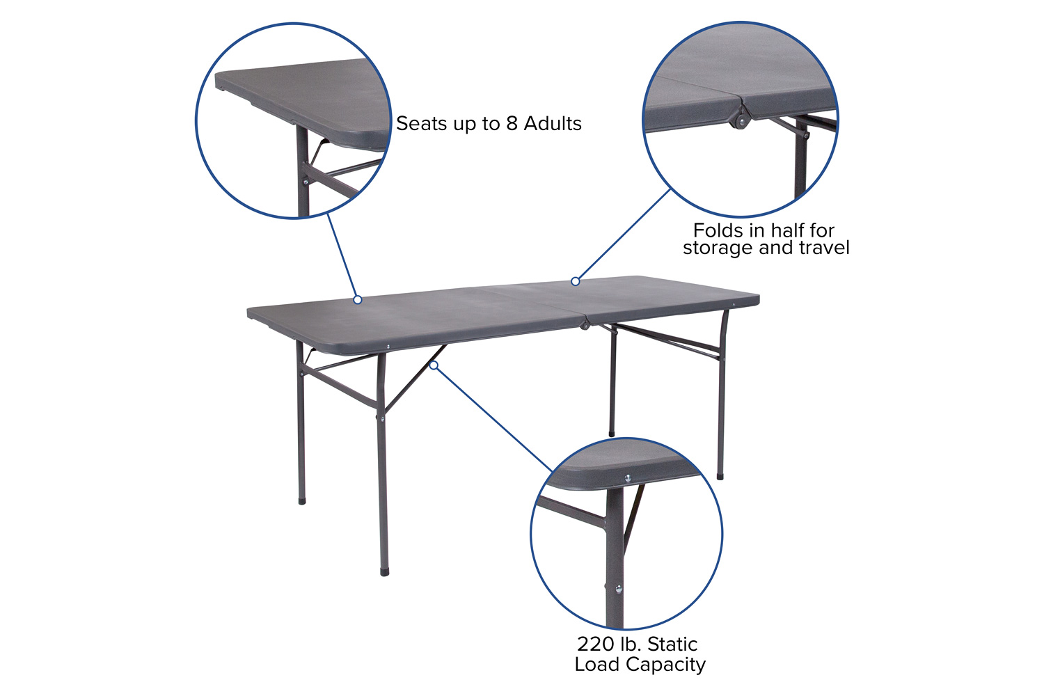 BLNK Elijah Plastic Folding Table with Carrying Handle - Dark Gray