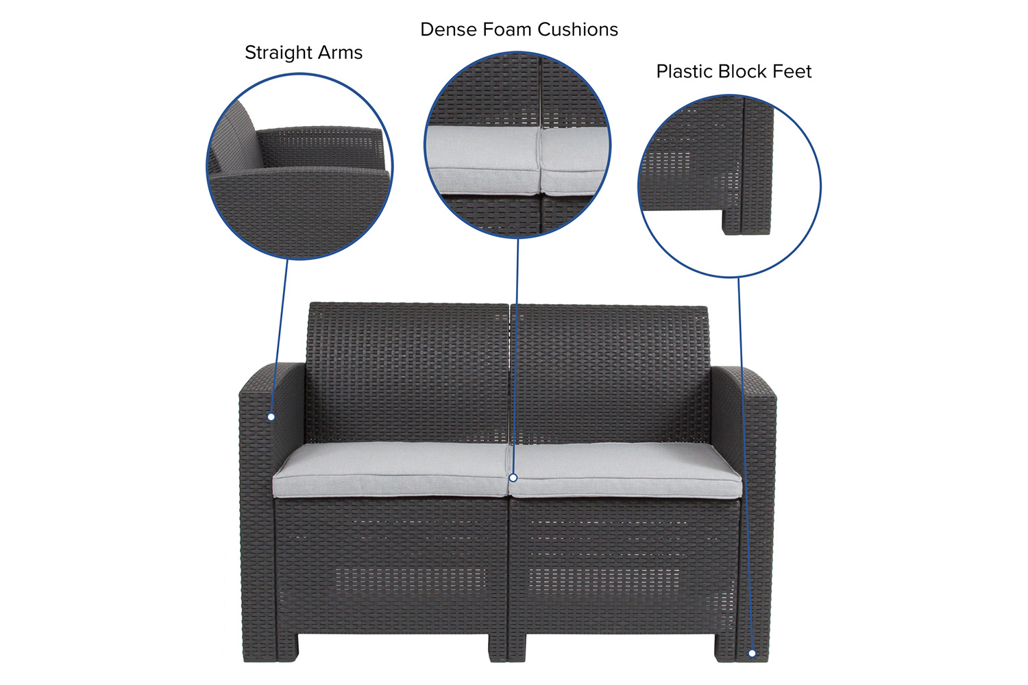 BLNK Seneca Faux Rattan Loveseat with All-Weather Light Gray Cushions - Dark Gray