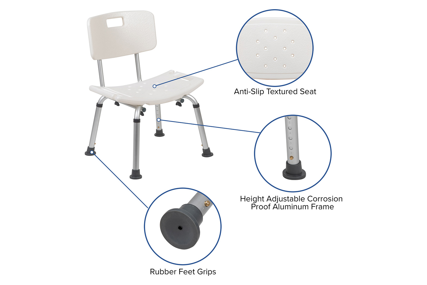 BLNK HERCULES Series Medical Adjustable Bath and Shower Chair with Back - White