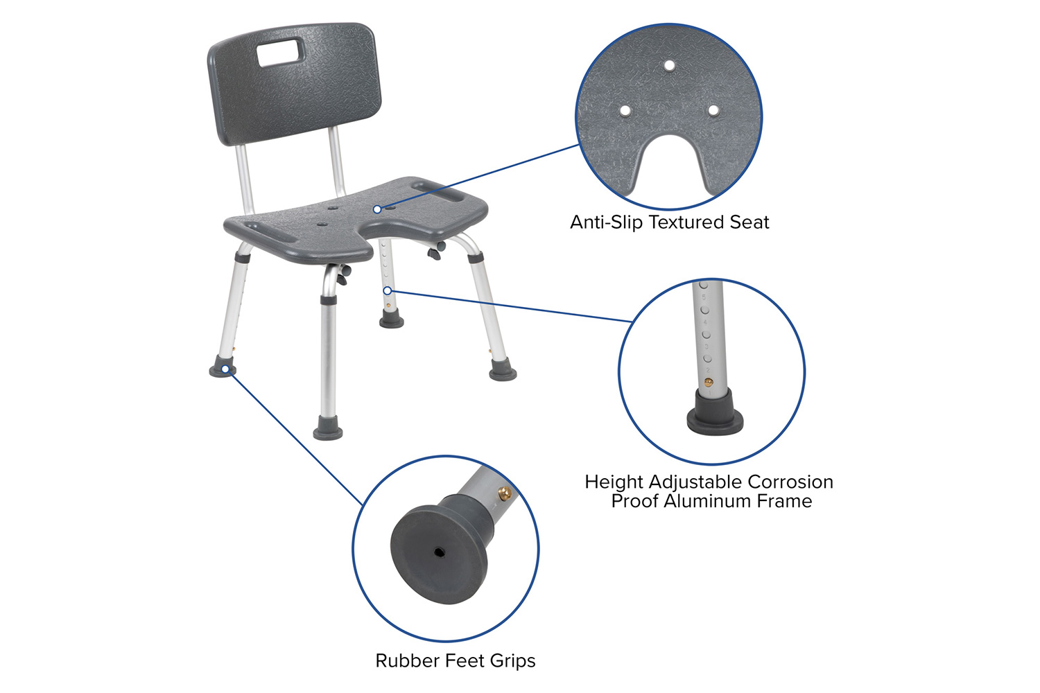 BLNK HERCULES Series Medical Adjustable Bath and Shower Chair with U-Shaped Cutout - Gray