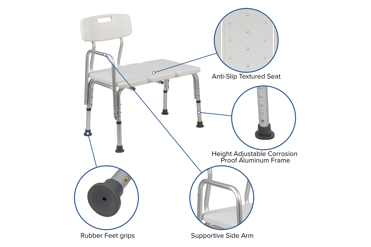 BLNK HERCULES Series Adjustable Bath and Shower Transfer Bench with Back and Side Arm - White