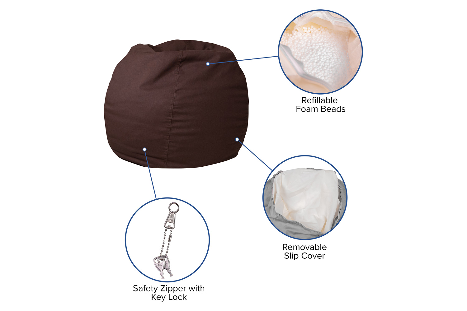 BLNK Dillon Small Refillable Bean Bag Chair for Kids and Teens - Solid Brown