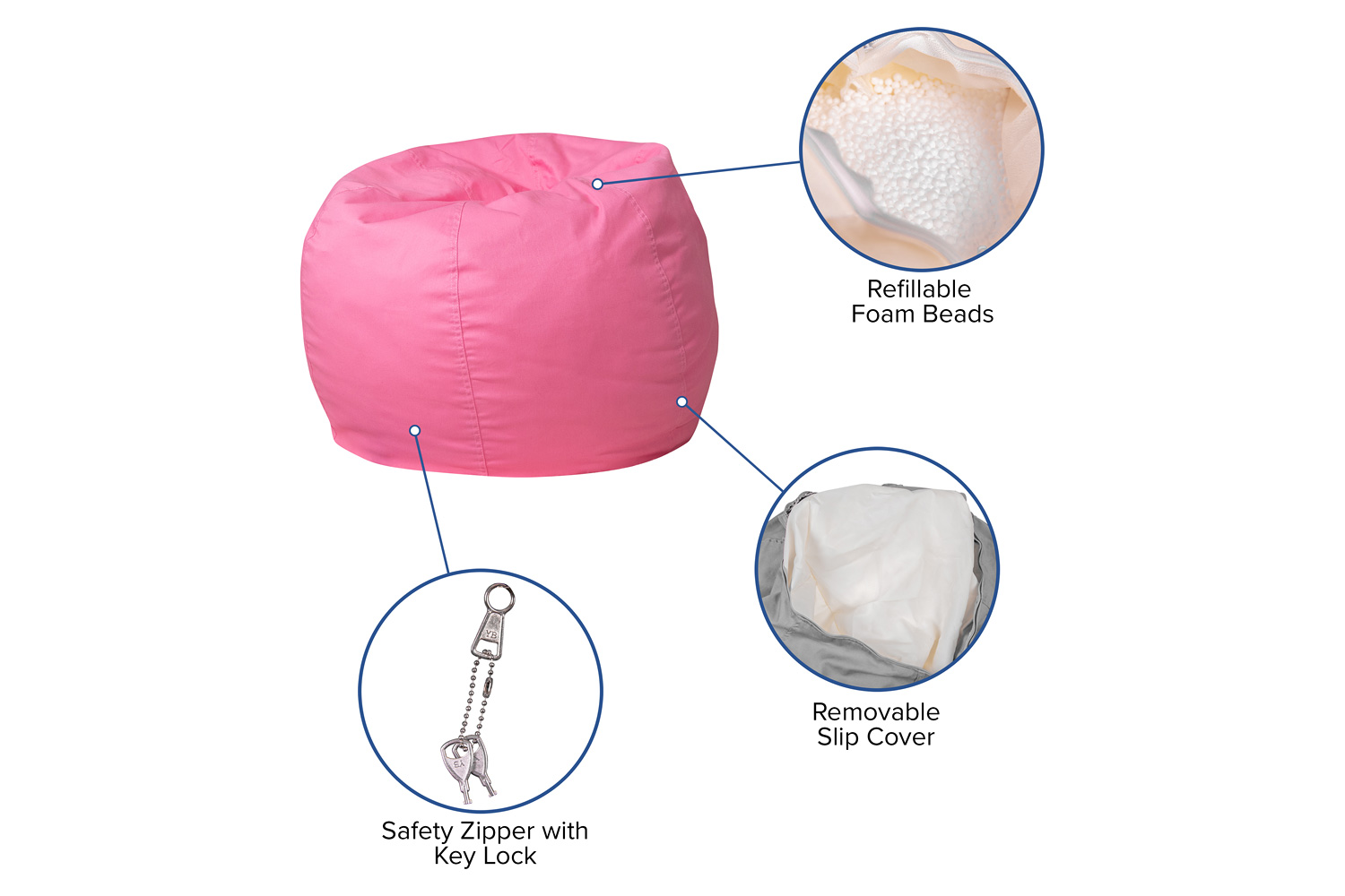 BLNK Dillon Small Refillable Bean Bag Chair for Kids and Teens - Solid Light Pink