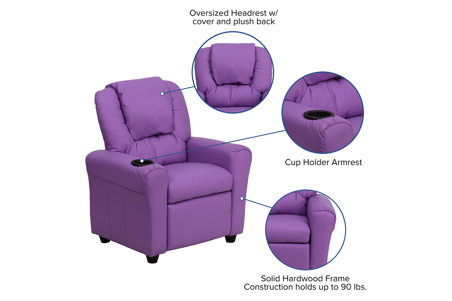 BLNK Vana Vinyl Contemporary Kids Recliner with Cup Holder and Headrest - Lavender