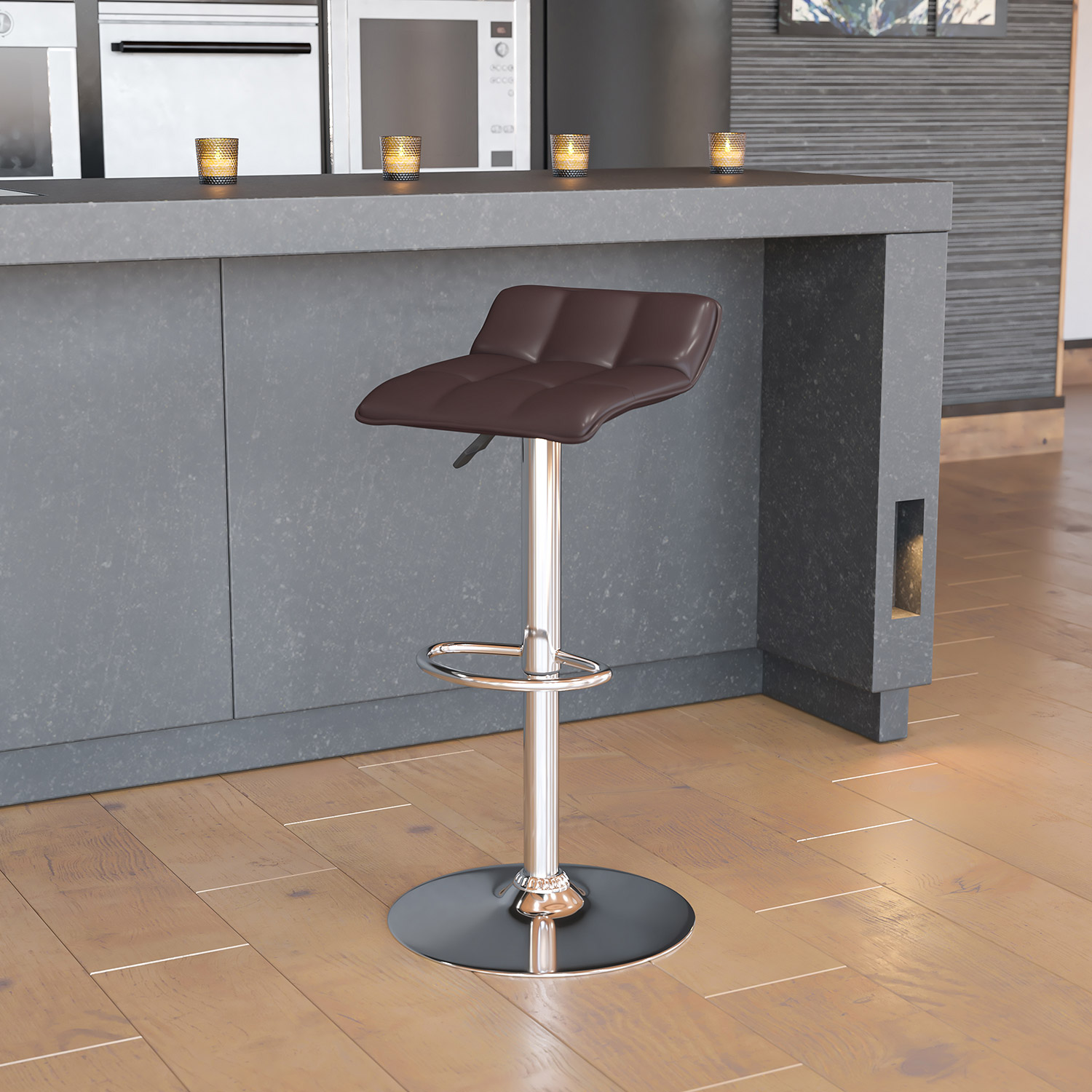 BLNK - Mark Vinyl Adjustable Height Bar Stool with Quilted Wave Seat and Chrome Base